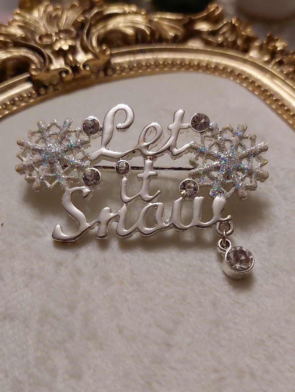 "Let It Snow" Silver Snowflake Brooch  Rhinestone Accents Xmas In July Nwot
